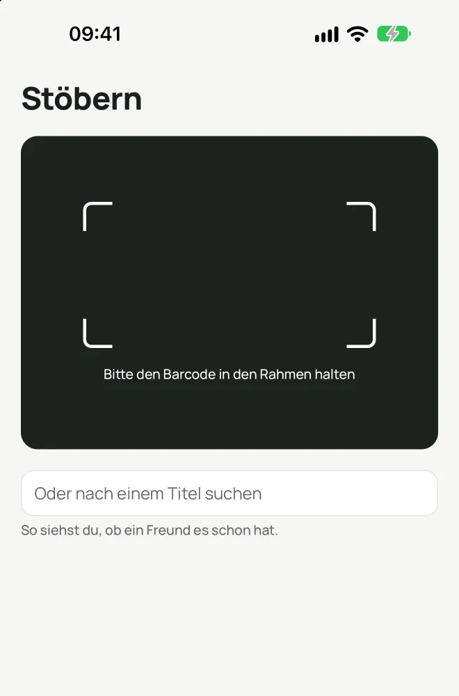 Der Stöbern-Tab in Stöbr: Barcode in den Rahmen halten oder nach einem Titel suchen.