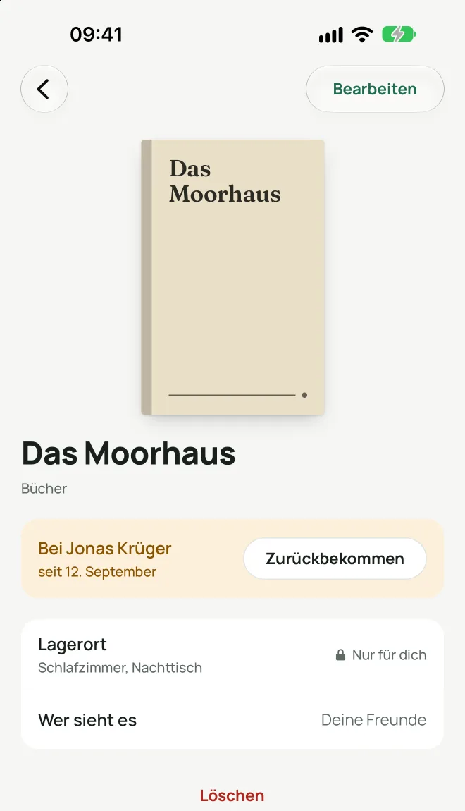 Ein Buch in Stöbr, verliehen an Jonas Krüger seit dem 12. September, mit privatem Lagerort.