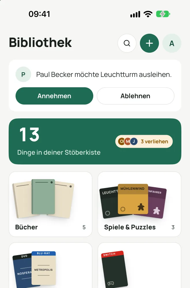 Die Bibliothek in Stöbr mit Kategorien für Bücher, Spiele & Puzzles, Filme, Videospiele und Musik.